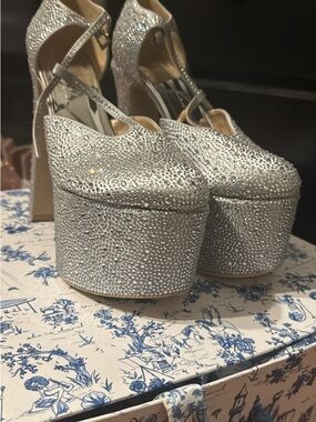 Silver Crystal Platform T-Strap Heels for Women
